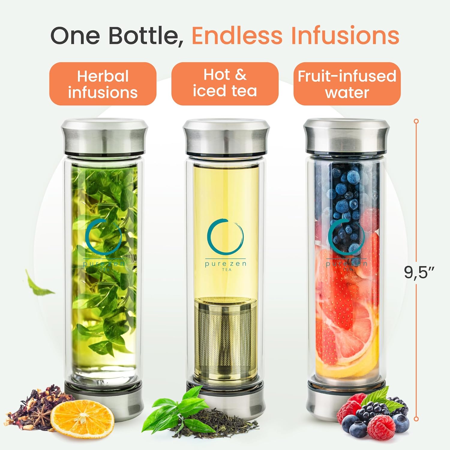 Glass Tea Infuser Bottle with Double Lid - 13 oz - Image 2