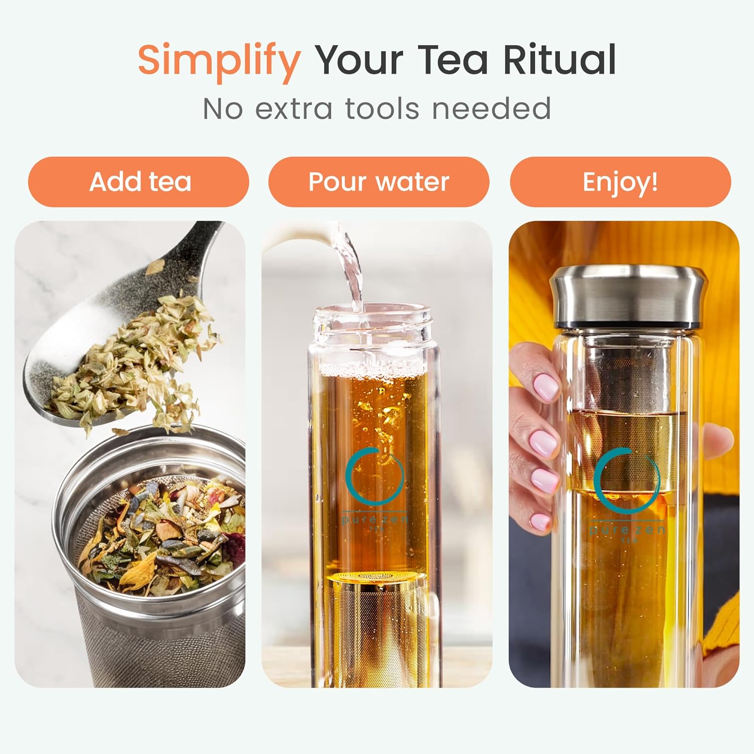 Glass Tea Infuser Bottle with Double Lid - 13 oz - Image 3