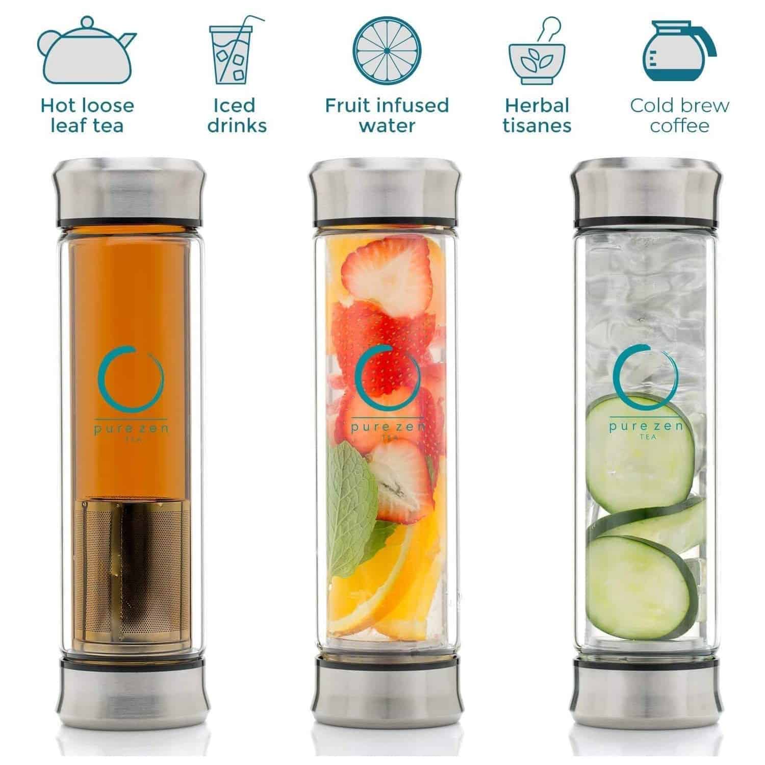 Double Wall and Microwavable Borosilicate 500 mL INCLUDED: Double Mesh Infuser and Strainer for Tea and Coffee 16 oz. Ecofriendly with Bamboo Lid Glass Bottle Zen Monk All-Beverage All-Temperature Tumbler Fruit Water or your favorite beverage 