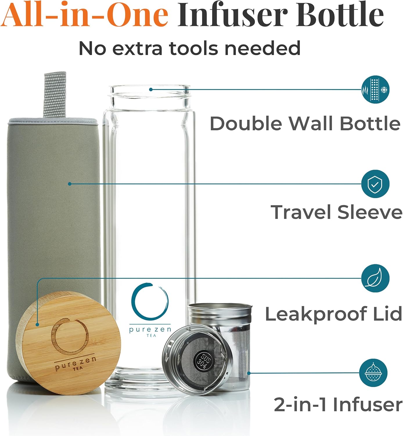 Glass Tea Infuser Bottle with Bamboo Lid - 15 oz - Image 3