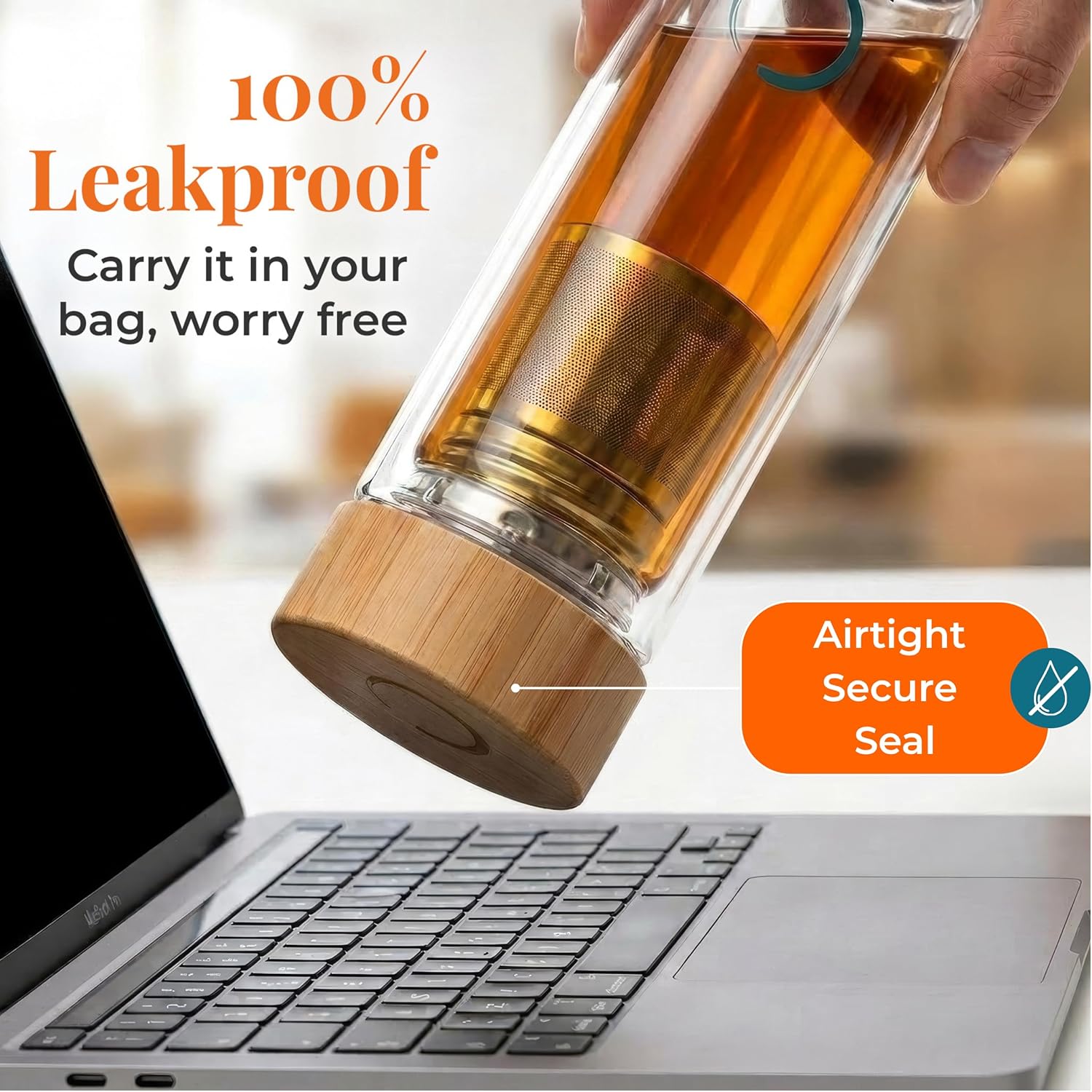 Glass Tea Infuser Bottle with Bamboo Lid - 15 oz - Image 4