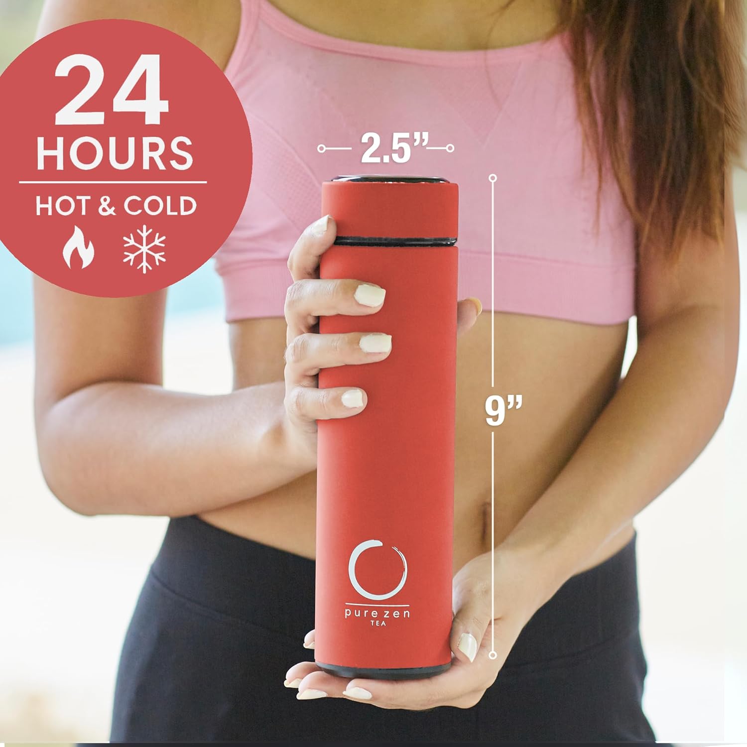 Stainless Steel Thermos with Infuser - Coral Red - 15 oz - Image 2