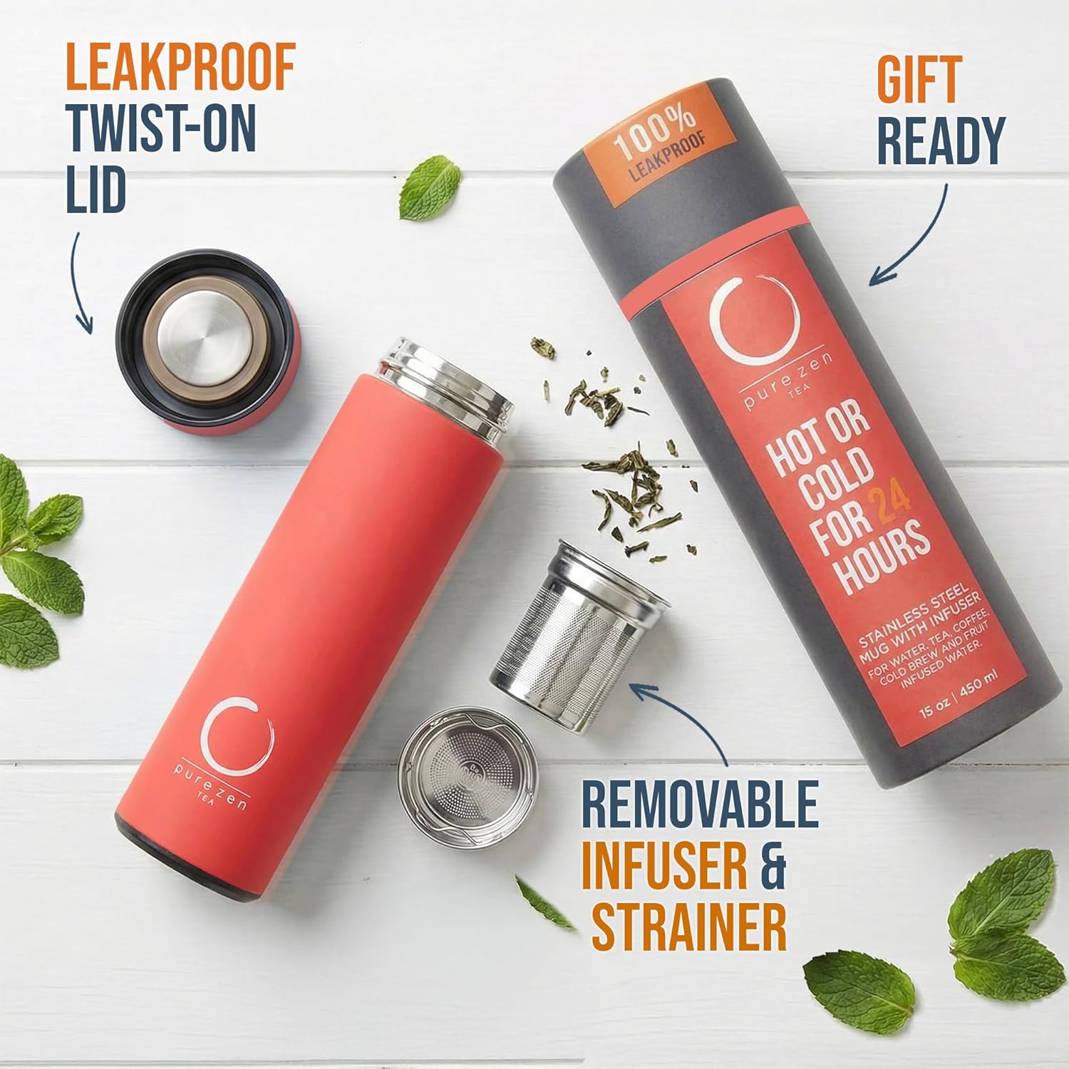 Stainless Steel Thermos with Infuser - Coral Red - 15 oz - Image 4